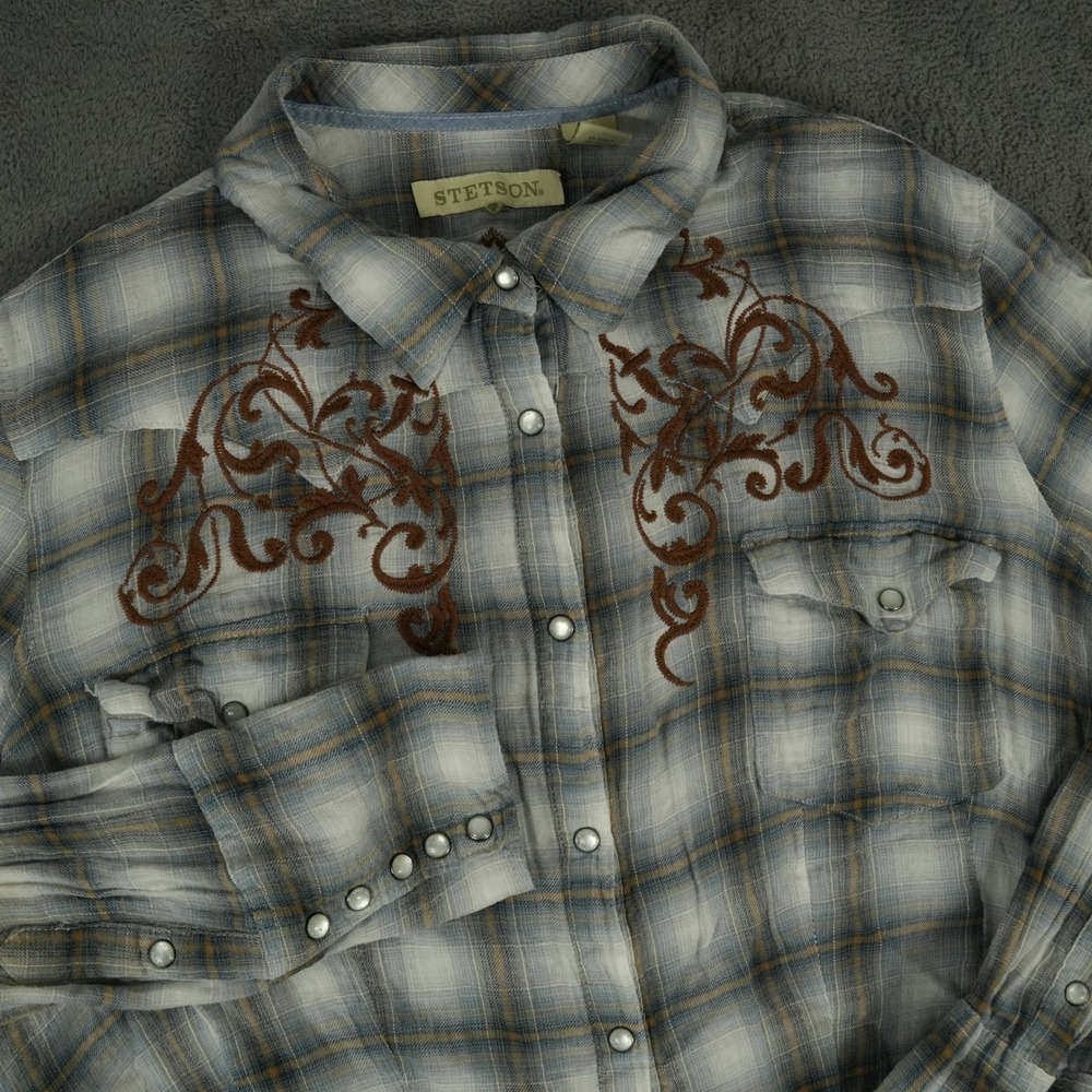 Stetson Western Shirt Womens 2XL Blue Plaid Embroidered Pearl Snap Long Sleeve